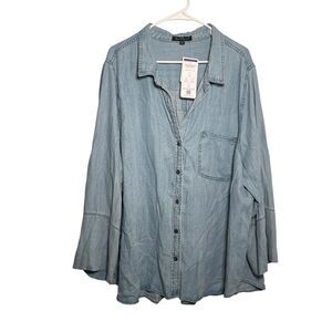 Velvet Heart Blouse Women's 3X Chambray Button Up Collared 3/4 Sleeve NWT